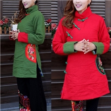 13新款中国风改良唐装盘扣斜襟刺绣棉服民族风棉麻棉衣