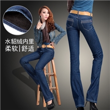小魔妖冬季保暖时尚加绒加厚牛仔裤女式中腰微喇长裤厂家直销批发