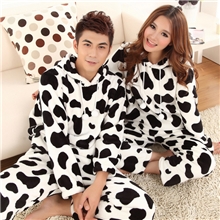 睡衣批发冬季卡通奶牛男女士情侣法兰水貂绒连帽睡衣家居家服套男