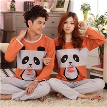 春秋新款卡通熊猫灰黄拼接针织棉长袖情侣家居服套装