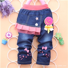 冬季热销韩版加棉童裤棒棒糖女童牛仔长裤童棉裤批发