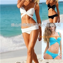 聚拢修身纯美莲花比基尼黑白蓝维多利亚泳衣厂家外贸泳装批发