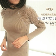 2013秋冬新款蕾丝勾花百搭纽扣保暖羊毛衫高领打底衫毛衣女羊毛衫