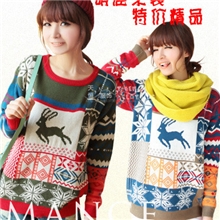2013女式毛衣秋装新款双层加厚编织小鹿图案宽松套头针织衫批发