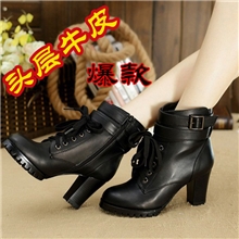 新款马丁靴女真皮女靴高跟粗跟骑士短靴子机车靴棉头层牛皮女皮鞋
