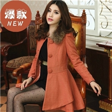 2013秋冬新款韩版时尚高雅荷叶边中长款毛呢外套女装羊毛呢大衣