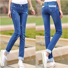 2013秋季新款韩版蕾丝翻边破洞牛仔裤中腰水洗小脚铅笔裤批发