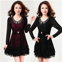 哥弟同款新款秋装长袖雪纺大码蕾丝镂空连衣裙女显瘦镶钻钉珠