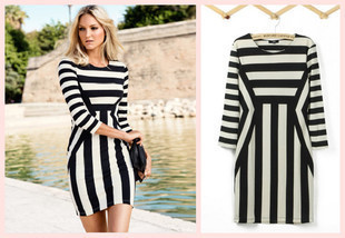 2013H/M春夏装欧美风时尚修身包臀中袖圆领黑白条纹女士连衣裙
