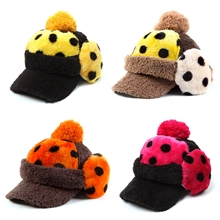 新款韩版女士秋冬加厚耳罩毛线帽兔毛球圆点毛绒护耳保暖帽子