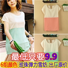 2013夏装女套头雪纺衫短袖圆领女大码拼接色宽松雪纺T恤批发