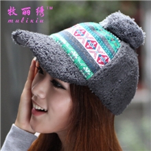 韩国时尚冬季新款格子毛绒球保暖鸭舌帽女士棒球帽帽子批发