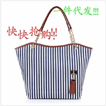 爆款时尚个性休闲帆布女包竖条纹混搭单肩包手提包链条潮包特价