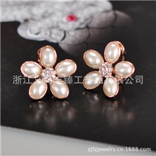 日韩时尚OL风贝壳珍珠花形镶钻甜美淑女耳针/耳扣/耳环外贸工厂