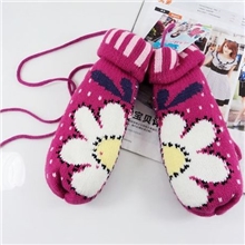 2013手套批发向日葵包指手套连指女士毛线超可爱带绳子手套玫红色