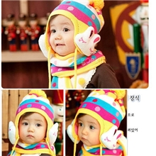 2013韩版儿童针织帽糖果色圆点love大白兔护耳帽毛线套装厂家批发