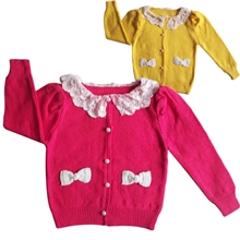 春季儿童针织开衫毛衣珍珠蝴蝶结蕾丝娃娃领女童毛衣小额批发