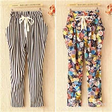 2013夏新款热卖外贸女装韩版各种图案松紧腰系带雪纺哈伦长裤