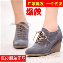 欧美外贸新款女鞋牛津底真皮坡跟系带圆头女式单鞋工厂直批