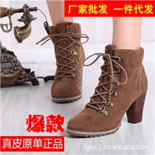 2013欧美新款踝靴圆头真皮系带高跟粗跟防水台短靴女靴踝靴