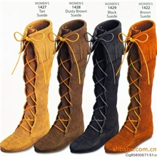 长筒靴瘦腿高筒靴女靴真牛皮制作真皮流苏靴牛反毛皮系带长靴