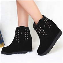 秋冬ASH同款厚底坡跟高跟内增高铆钉短靴真皮磨砂皮女棉鞋红鹰鸟