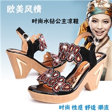 夏新款女鞋防水台坡跟高跟女拖鞋水钻粗跟真皮罗马女凉鞋厂家批发