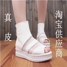 特价清仓鱼嘴短靴真皮凉鞋透气网布镂空坡跟厚底女式凉鞋厂家批发