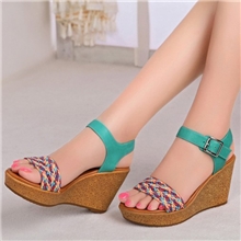 厂家直销一件代发新款真皮凉鞋高跟坡跟松糕厚底羊皮编织女鞋