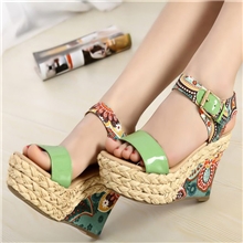 厂家直销一件代发琦百丽娜新款草编坡跟牛皮防水台超高跟女凉鞋