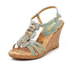 厂家直销2013琦百丽娜新款花朵水钻罗马高跟凉鞋坡跟女鞋批发