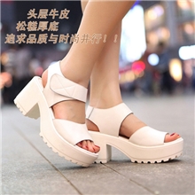 2013夏白色罗马牛皮松糕粗跟凉鞋凉拖女鞋真皮厚底鱼嘴露齿高跟鞋