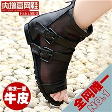 温州女鞋内增高网纱网布鱼嘴凉鞋罗马高帮平跟平底镂空女鞋