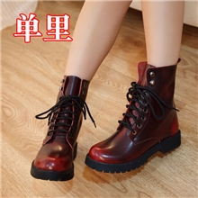 温州女鞋批发牛皮女靴机车靴马丁靴单靴中跟短靴圆头中筒靴女鞋子