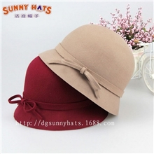 韩版羊毛呢盆帽蝴蝶结羊毛呢帽圆顶羊毛毡帽冬季女帽