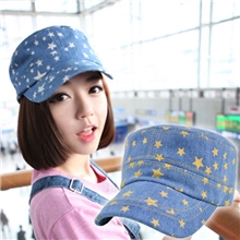 韩国版平顶帽军帽牛仔布印花五角星棒球帽子2013年春款DG0381