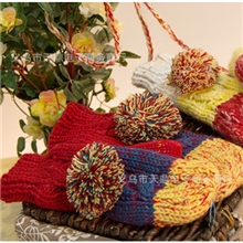 批发俏皮可爱拼色麻花球球连指手套保包指双层加厚毛线手套女冬季