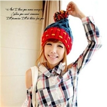 批发可爱球球毛线帽潮女秋冬天百搭拼接撞色针织帽子时尚冬帽工厂