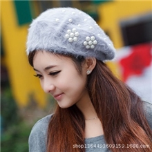 兔毛贝雷帽批发女式秋冬原单正版加厚加密珍珠小花帽子