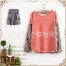 韩版宽松大码纯棉补丁袖可爱猴子刺绣长袖T恤衫