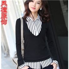 一件代发秋装韩版大码女装修身长袖t恤条纹衬衣领假两件套针织衫