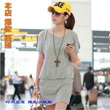 2013韩版春夏装女款修身纯色短袖大码纯棉圆领包臀露肩连衣裙