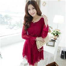 2013秋款新品女装批发长袖镂空蕾丝淑女不规则连衣裙