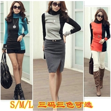 2013冬季新款女装批发韩版T恤长袖百搭高领修身显瘦拼色打底衫女