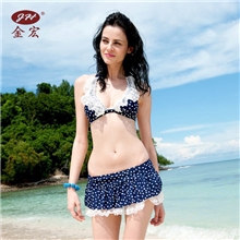 专柜正品温泉必备性感圆点带钢托分体裙式比基尼温泉泳衣批发