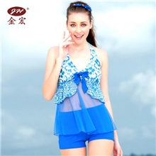 2013新款小胸聚拢金宏唯美印花遮肚分体网纱泳衣两件套批发