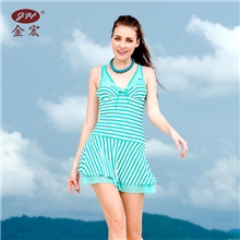 人气爆款裙式连体泳衣清新范儿小胸聚拢条纹女士泳装温泉装3618