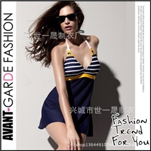 厂家批发比基尼欧美海军风条纹大码泳装外贸出口连体女士游泳衣