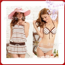 日韩咖啡裙式泳衣比基尼带钢托胸垫三件套泳衣温泉条纹女游泳衣