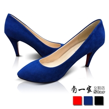 绒面浅口尖头细高跟鞋秋冬新款女士单鞋红色婚鞋黑色工作鞋批发